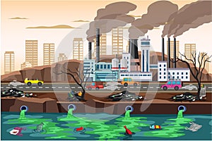 Illustration of a factory, emitting smoke into the air and soil indicating industrial pollution