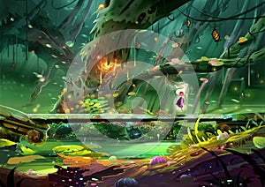 Illustration: The Fairy is doing Spell Casting on a Stone Bridge Deep inside the Magnificent Forest, Near an Ancient Magic Tree.