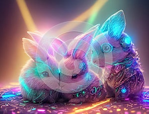 Illustration of fairy little rabbits in neon lights. Symbol of holiday. Easter Bunny. Generative AI