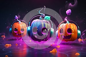 Illustration of fairy pumpkins in headphones. Halloween concept