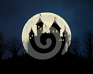 illustration of a fairy tale castle with towers at night moon in the sky