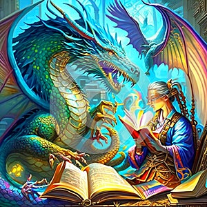 An illustration of a fairy tale dragon reading a book, 3D rendering Generative AI