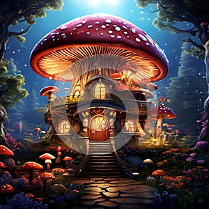 illustration of a fairy tale house in the forest with magic mushrooms