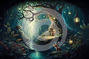 Illustration of a fairy tale scene with a magical tree in the dark forest