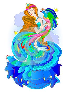 Illustration of fairyland eastern princess with magic fire-bird. Book cover for children fairy tale. Beautiful girl.
