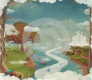 Illustration of a fairytale fantastic forest , castle, bridge, lake ,sky and big tree in sky