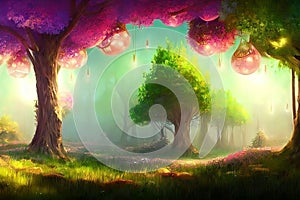 Illustration of a fairytale forest. Mysterious fantasy charm place, magical garden, generative ai