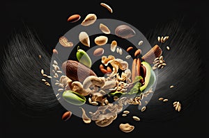 illustration of falling cashews, pistachios, almonds, peanuts and kernels on a black background