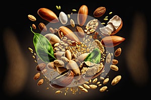 illustration of falling cashews, pistachios, almonds, peanuts and kernels on a black background