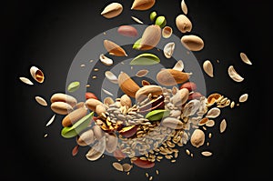 illustration of falling cashews, pistachios, almonds, peanuts and kernels on a black background