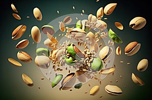 illustration of falling cashews, pistachios, almonds, peanuts and kernels on a black background