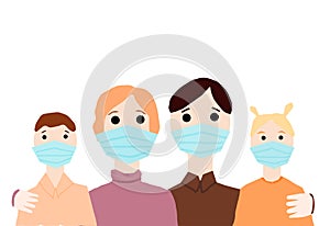 Illustration of famaly with kids in respiratory mask close up with copy space isolated on white background