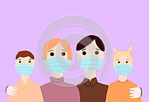 Illustration of famaly with kids in respiratory mask close up with copy space isolated on white background