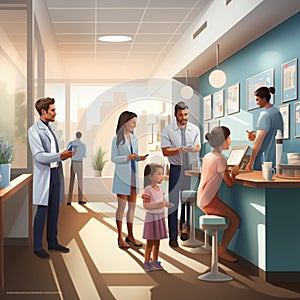 Illustration of families at a modern doctor\'s office