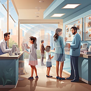 Illustration of families at a modern doctor\'s office