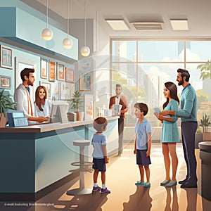 Illustration of families at a modern doctor\'s office