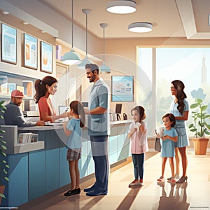 Illustration of families at a modern doctor\'s office