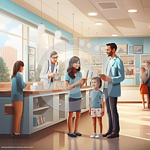 Illustration of families at a modern doctor\'s office in white coats