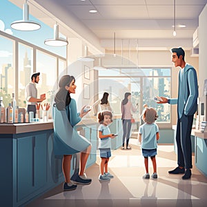 Illustration of families at a modern doctor\'s office in white coats