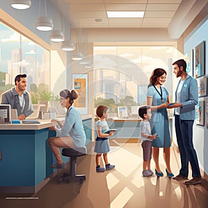 Illustration of families at a modern doctor\'s office in white coats