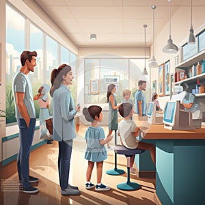 Illustration of families at a modern doctor\'s office in white coats