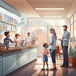 Illustration of families at a modern doctor\'s office in white coats