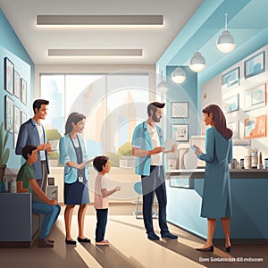 Illustration of families at a modern doctor\'s office in white coats