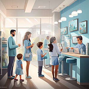 Illustration of families at a modern doctor\'s office in white coats