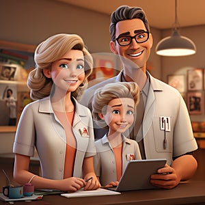 Illustration of families at a modern doctor\'s office in white coats