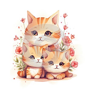 Illustration of a family of cats with flowers on a white background.