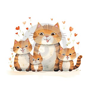 Illustration of a family of cats with flowers on a white background.