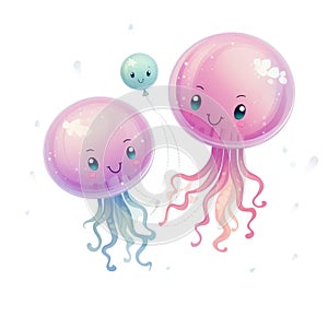 Illustration of a family of cute jellyfish on a white background
