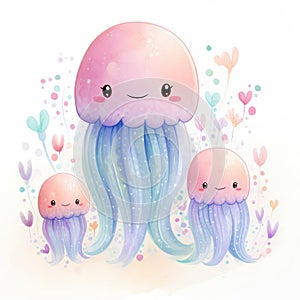 Illustration of a family of cute jellyfish on a white background.