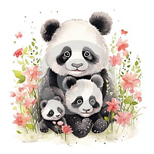 Illustration of a family of cute pandas on a white background