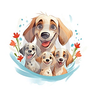 Illustration of a family of dogs with flowers on a white background.