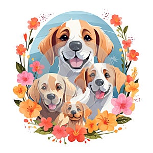 Illustration of a family of dogs with flowers on a white background.