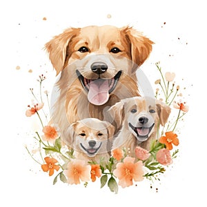 Illustration of a family of dogs with flowers on a white background.