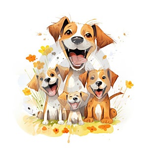 Illustration of a family of dogs with flowers on a white background.