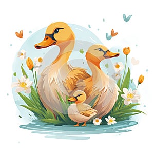 Illustration of a family of ducks, mom, dad and duckling on a white background.