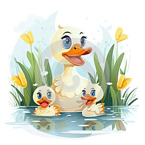Illustration of a family of ducks, mother duck and ducklings on a white background.