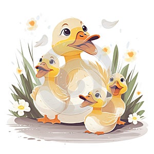 Illustration of a family of ducks, mother duck and ducklings on a white background.