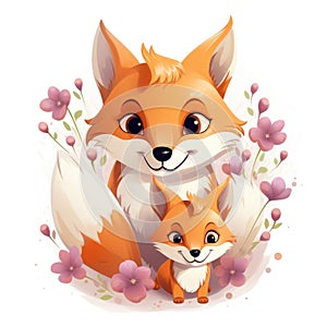 Illustration of a family of foxes with flowers on a white background.