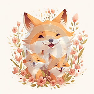 Illustration of a family of foxes with flowers on a white background.