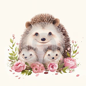 Illustration of a family of hedgehogs with flowers on a white background.