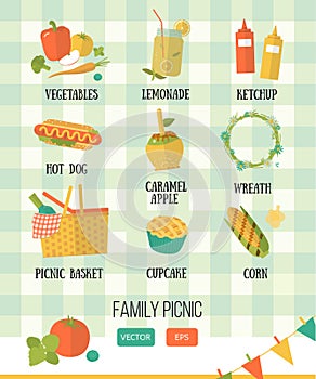 Illustration of family picnic. Summer, spring barbecue and picnic icons set. Flat style.