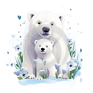 Illustration of a family of polar bears on a white background.