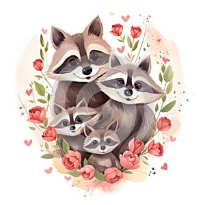 Illustration of a family of raccoons on a white background.