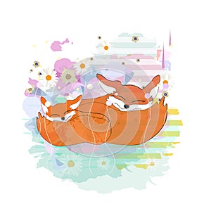 Illustration Family two foxes mom baby and sweet dreams