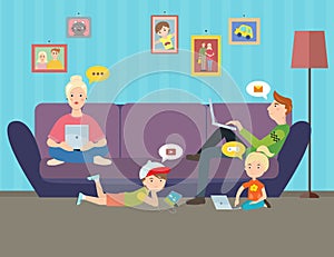 Illustration of Family using electronic gadgets