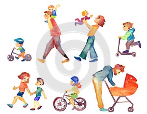 Illustration of family walking in watercolor style